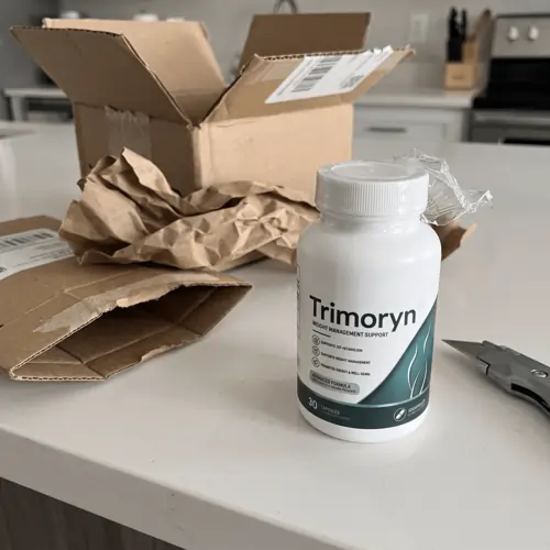 User opening their Trimoryn package on the kitchen counter