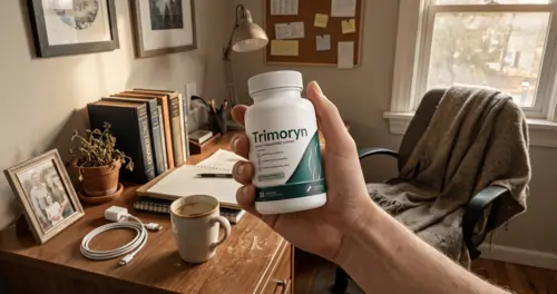Trimoryn bottle held by user in home setting