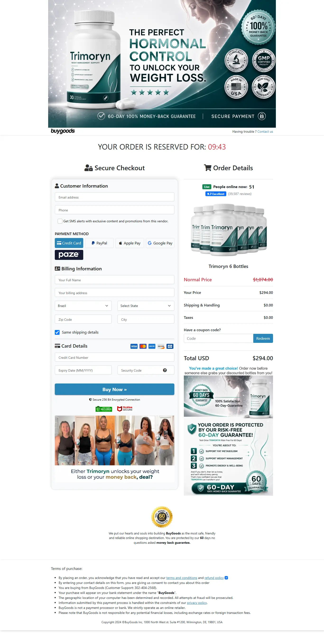 Trimoryn secure checkout page